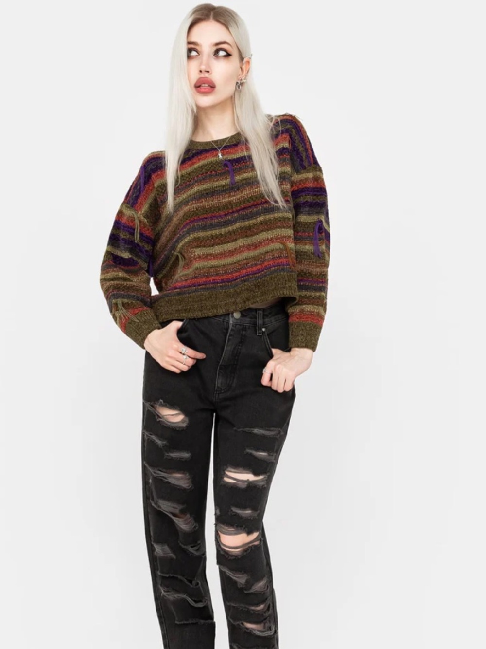 Disturbia Sundew Striped Chenille Sweater Featuring Distressed Details